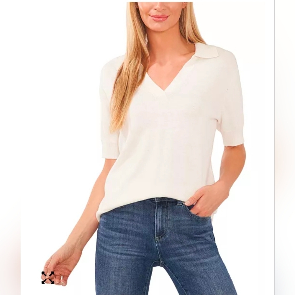 Nwt CeCe Women’s V Neck Collar Short Sleeve Polo Sweater Ivory Size Med